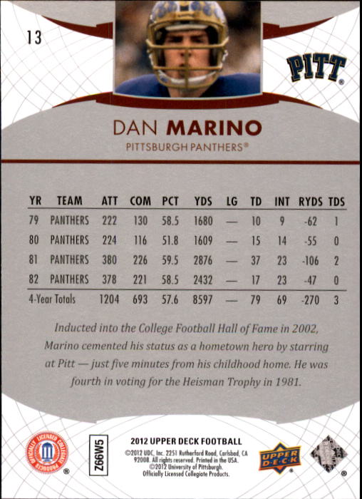 2012 Upper Deck #13 Dan Marino back image