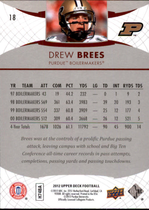 2012 Upper Deck #18 Drew Brees back image
