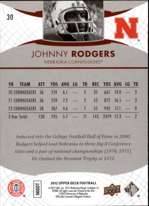 2012 Upper Deck #30 Johnny Rodgers back image