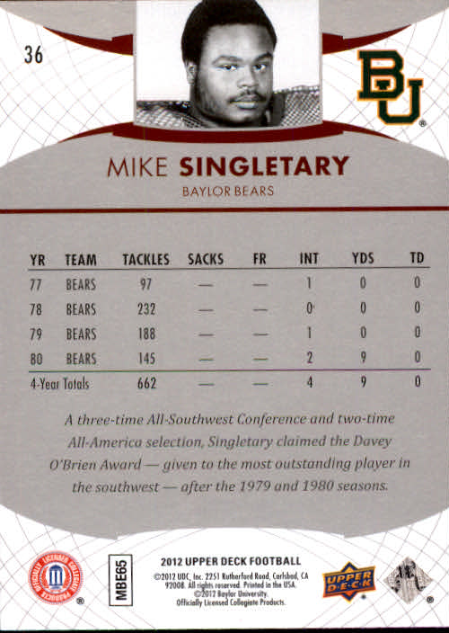2012 Upper Deck #36 Mike Singletary back image