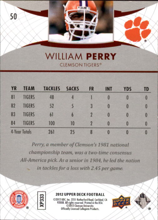2012 Upper Deck #50 William Perry back image
