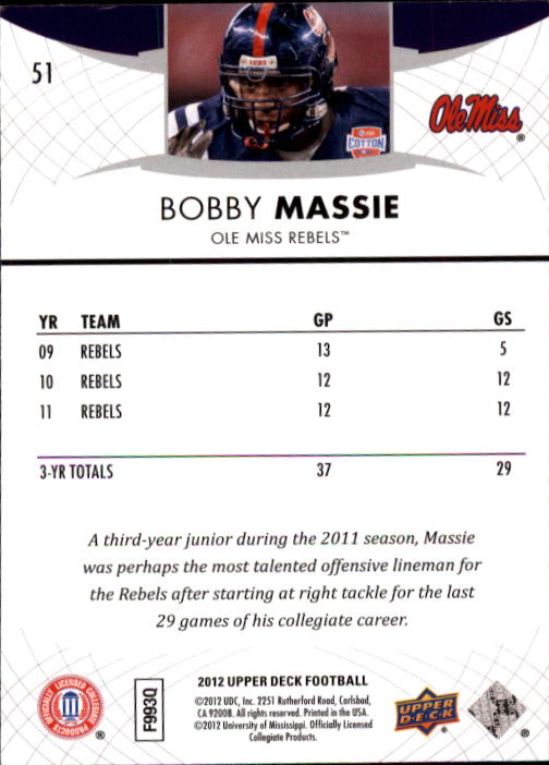 2012 Upper Deck #51 Bobby Massie back image
