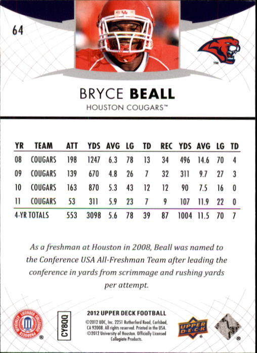 2012 Upper Deck #64 Bryce Beall back image
