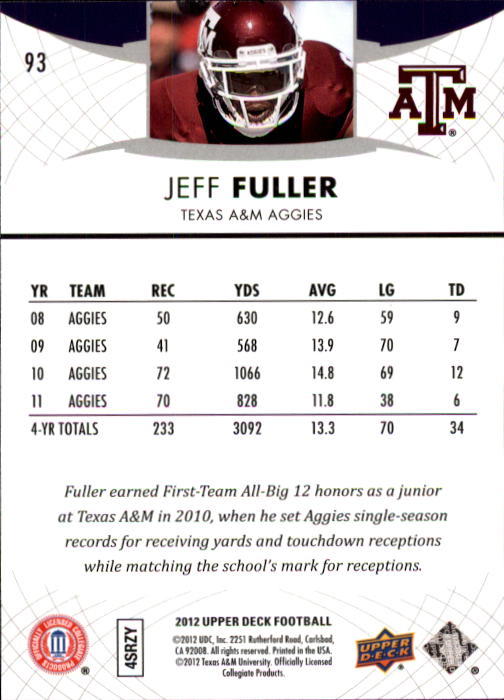 2012 Upper Deck #93 Jeff Fuller back image