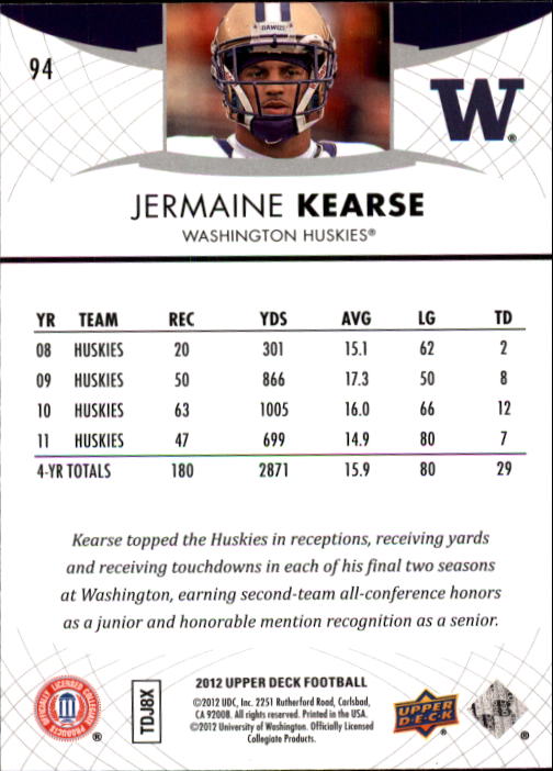 2012 Upper Deck #94 Jermaine Kearse back image