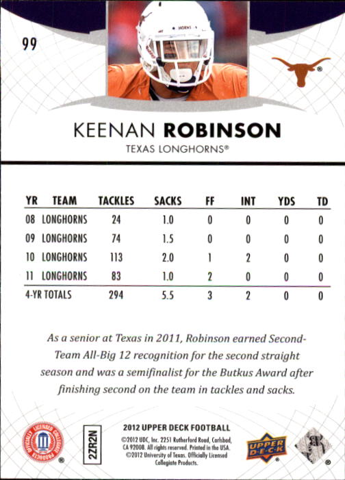 2012 Upper Deck #99 Keenan Robinson back image