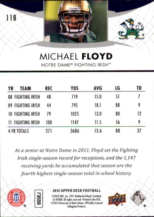 2012 Upper Deck #118 Michael Floyd back image