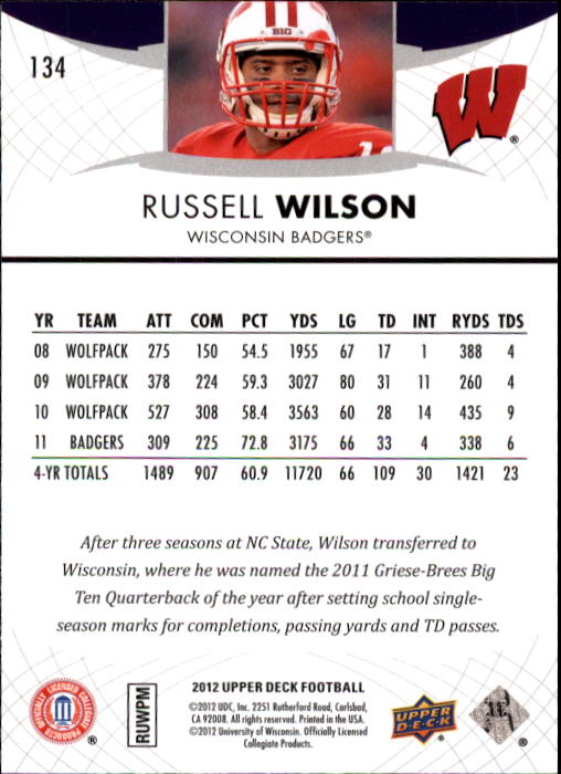 2012 Upper Deck #134 Russell Wilson back image