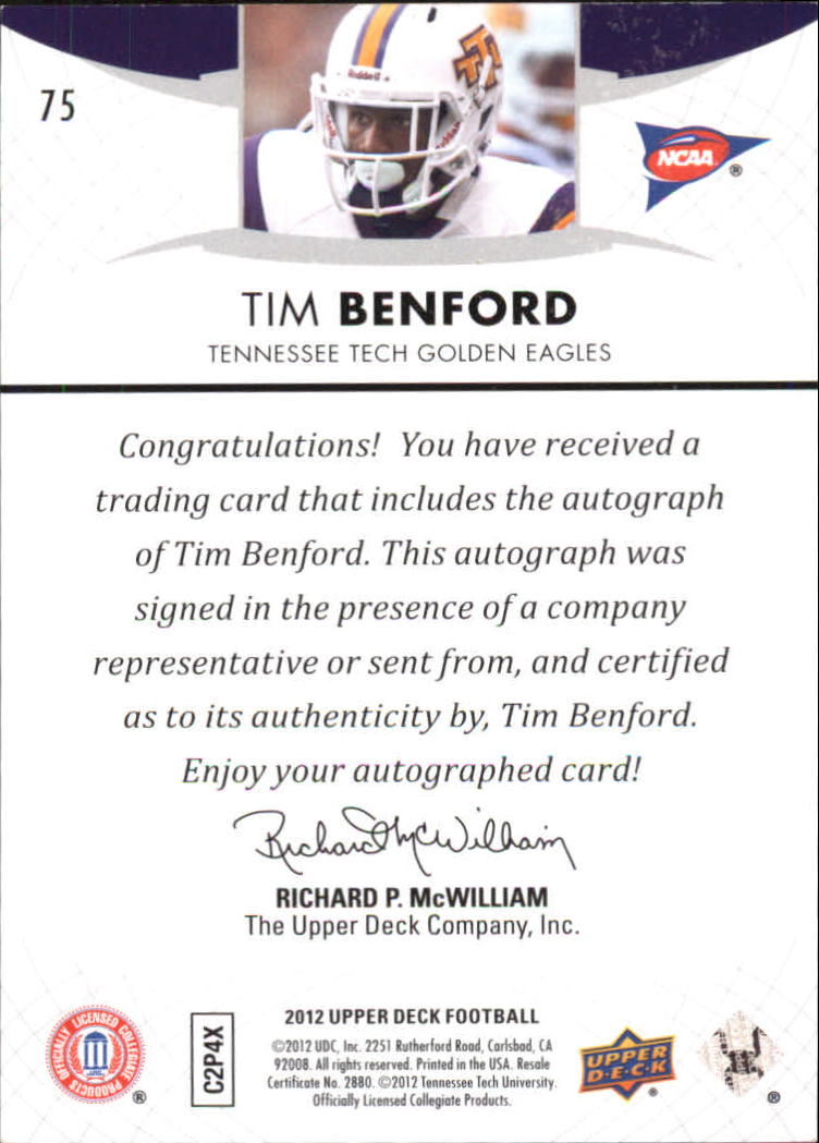 2012 Upper Deck Rookie Autographs #75 Tim Benford back image
