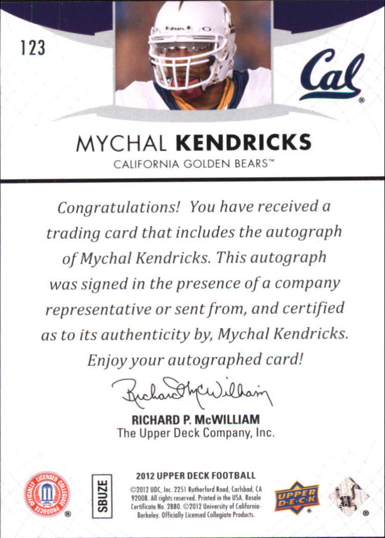 2012 Upper Deck Rookie Autographs #123 Mychal Kendricks back image