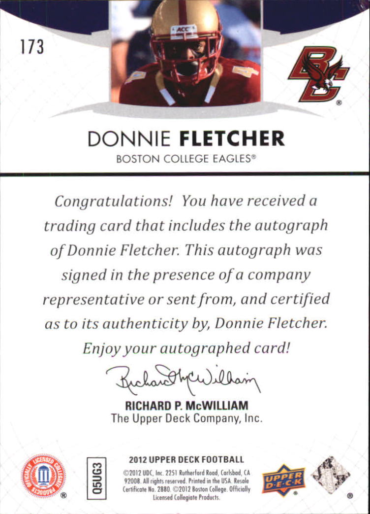 2012 Upper Deck Rookie Autographs #173 Donnie Fletcher back image