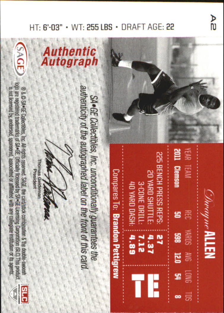 2012 SAGE Autographs Red #A2 Dwayne Allen back image