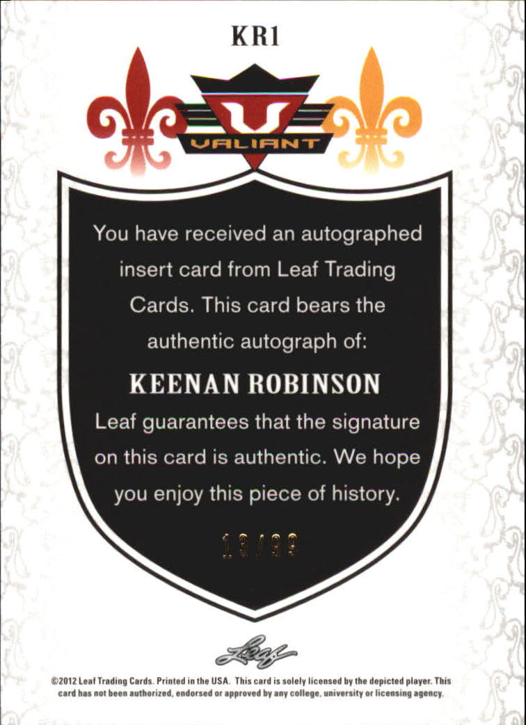 2012 Leaf Valiant Draft Blue #KR1 Keenan Robinson back image