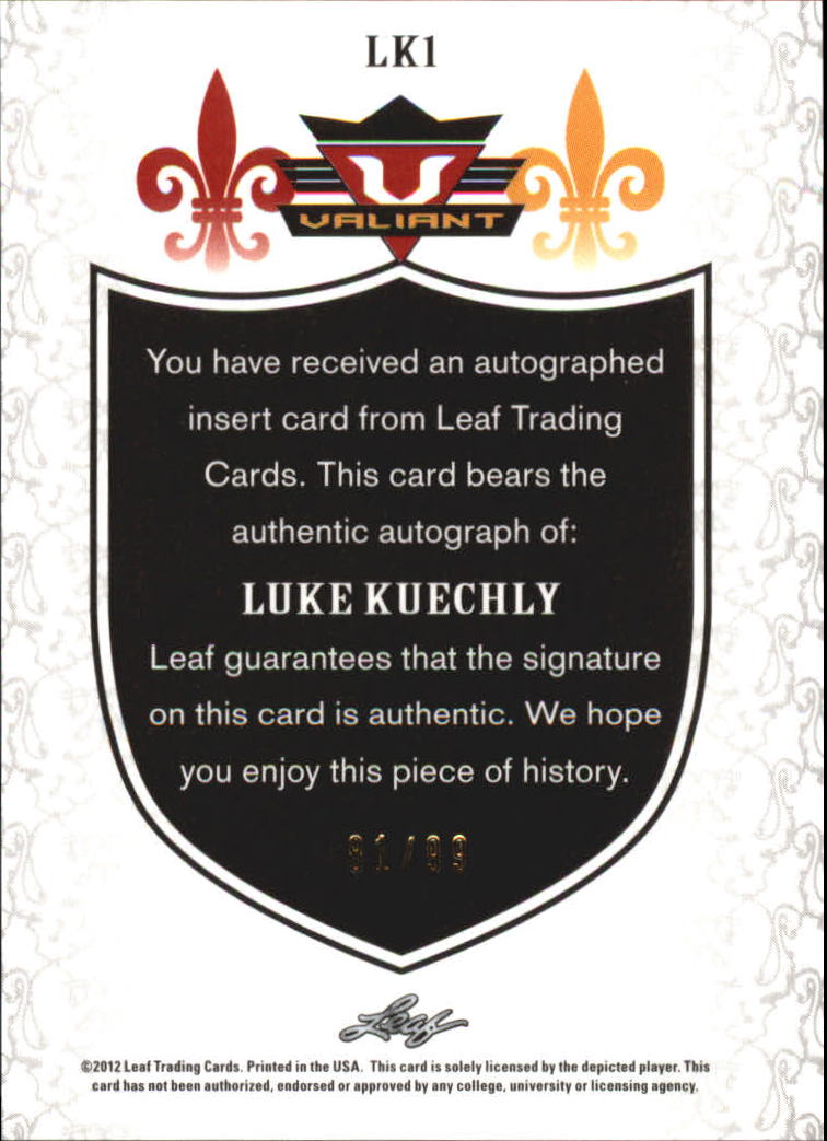 2012 Leaf Valiant Draft Blue #LK1 Luke Kuechly back image