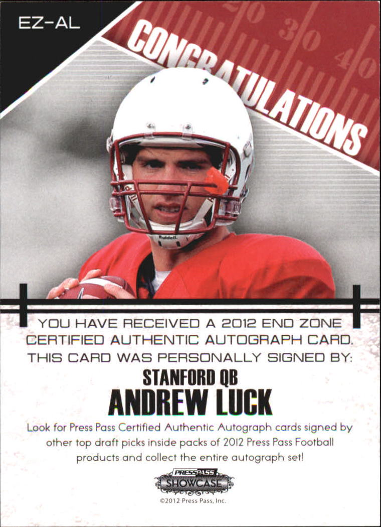 2012 Press Pass Showcase End Zone Autographs Gold Red Ink #EZAL Andrew Luck/1* back image