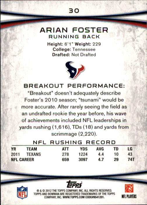 2012 Bowman #30 Arian Foster back image