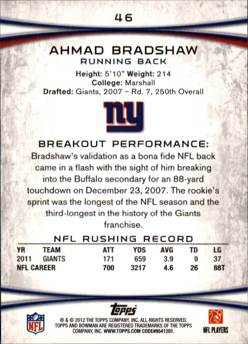 2012 Bowman #46 Ahmad Bradshaw back image