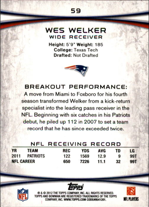 2012 Bowman #59 Wes Welker back image