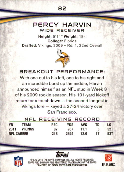 2012 Bowman #82 Percy Harvin back image