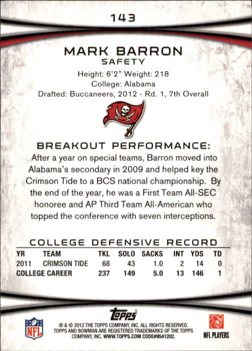 2012 Bowman #143 Mark Barron RC back image