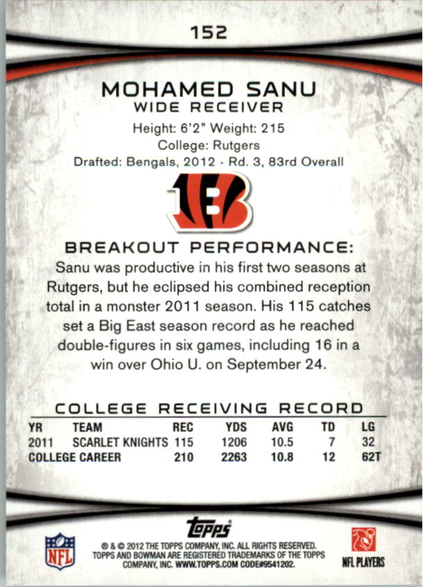 2012 Bowman #152A Mohamed Sanu RC/with football back image