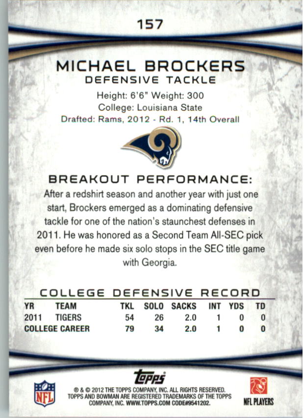 2012 Bowman #157 Michael Brockers RC back image