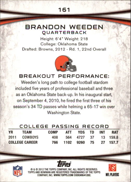 2012 Bowman #161A Brandon Weeden RC/brown jersey back image
