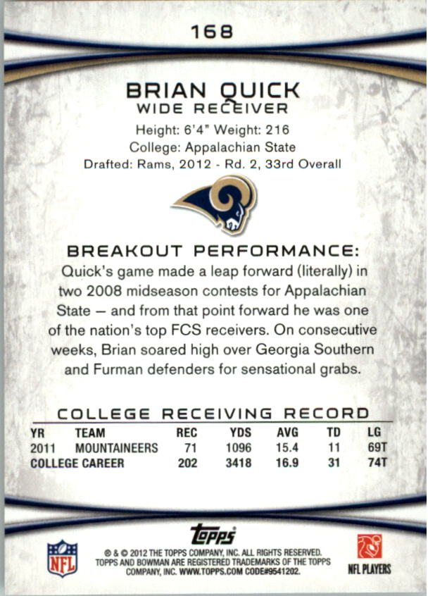 2012 Bowman #168A Brian Quick RC/with football back image