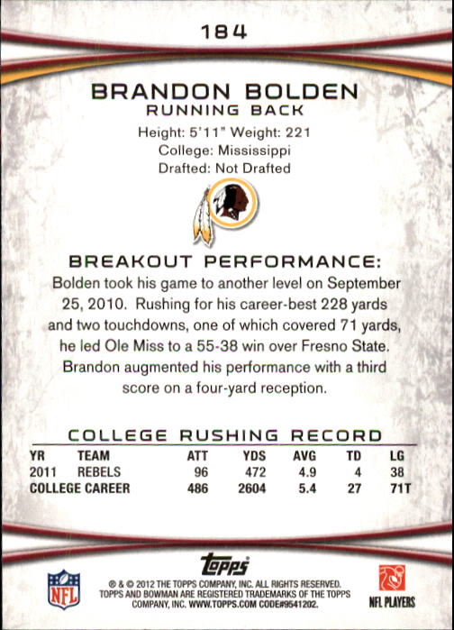 2012 Bowman #184 Brandon Bolden RC back image
