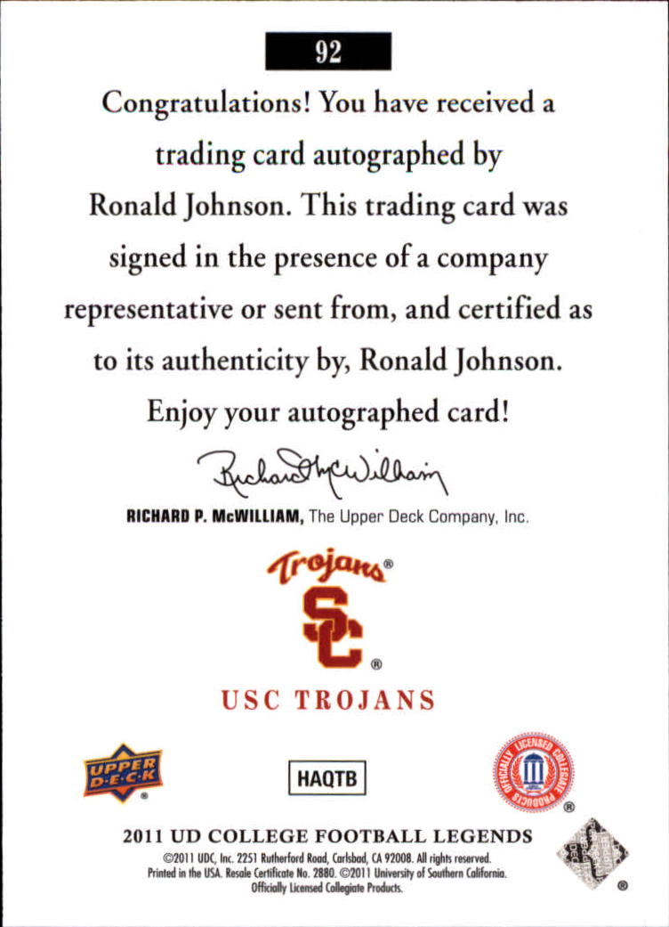 2011 Upper Deck College Legends Autographs #92 Ronald Johnson