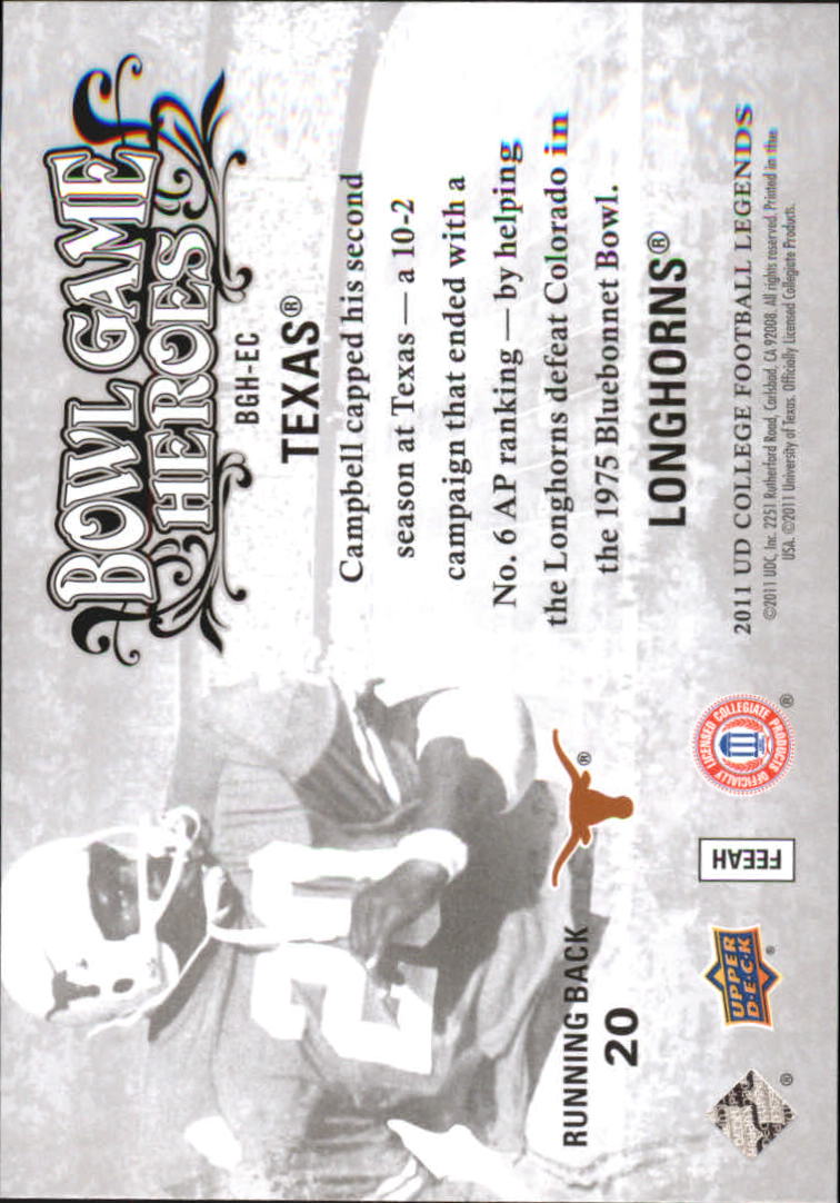 2011 Upper Deck College Legends Bowl Game Heroes #BGHEC Earl Campbell back image