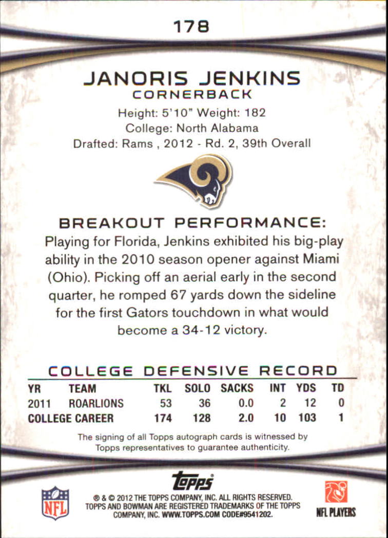2012 Bowman Rookie Autographs #178 Janoris Jenkins back image