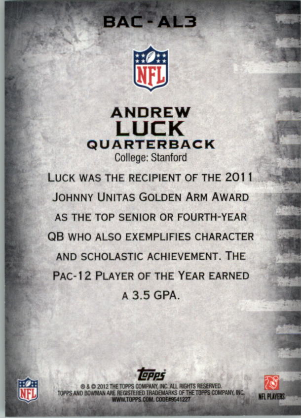 2012 Bowman Accolades #BACAL3 Andrew Luck back image