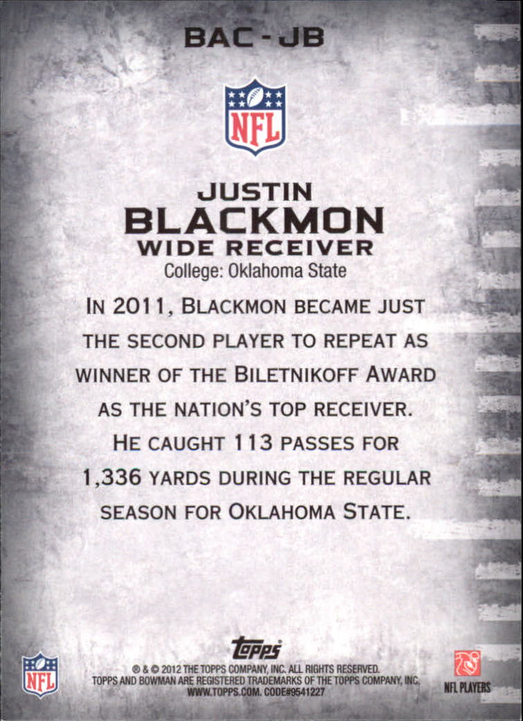 2012 Bowman Accolades #BACJB Justin Blackmon back image