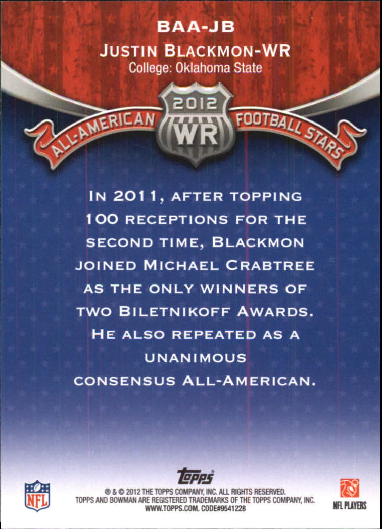2012 Bowman All-Americans #BAAJB Justin Blackmon back image