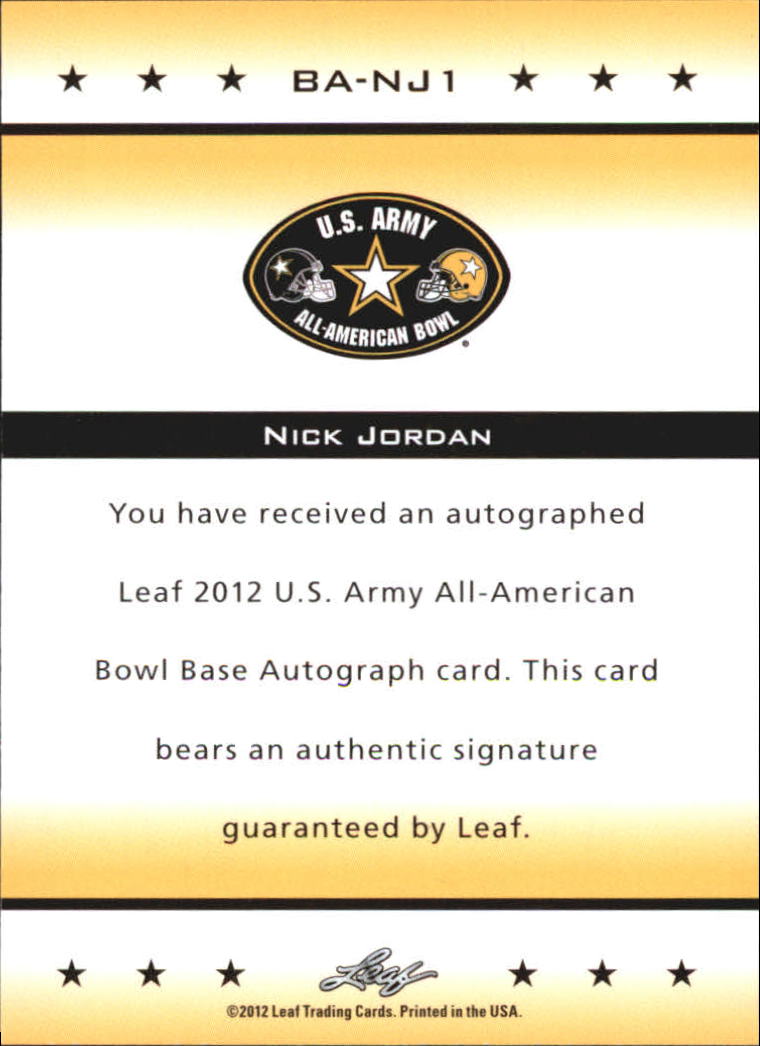 2012 Leaf Army All-American Bowl Black #BANJ1 Nick Jordan/50 back image