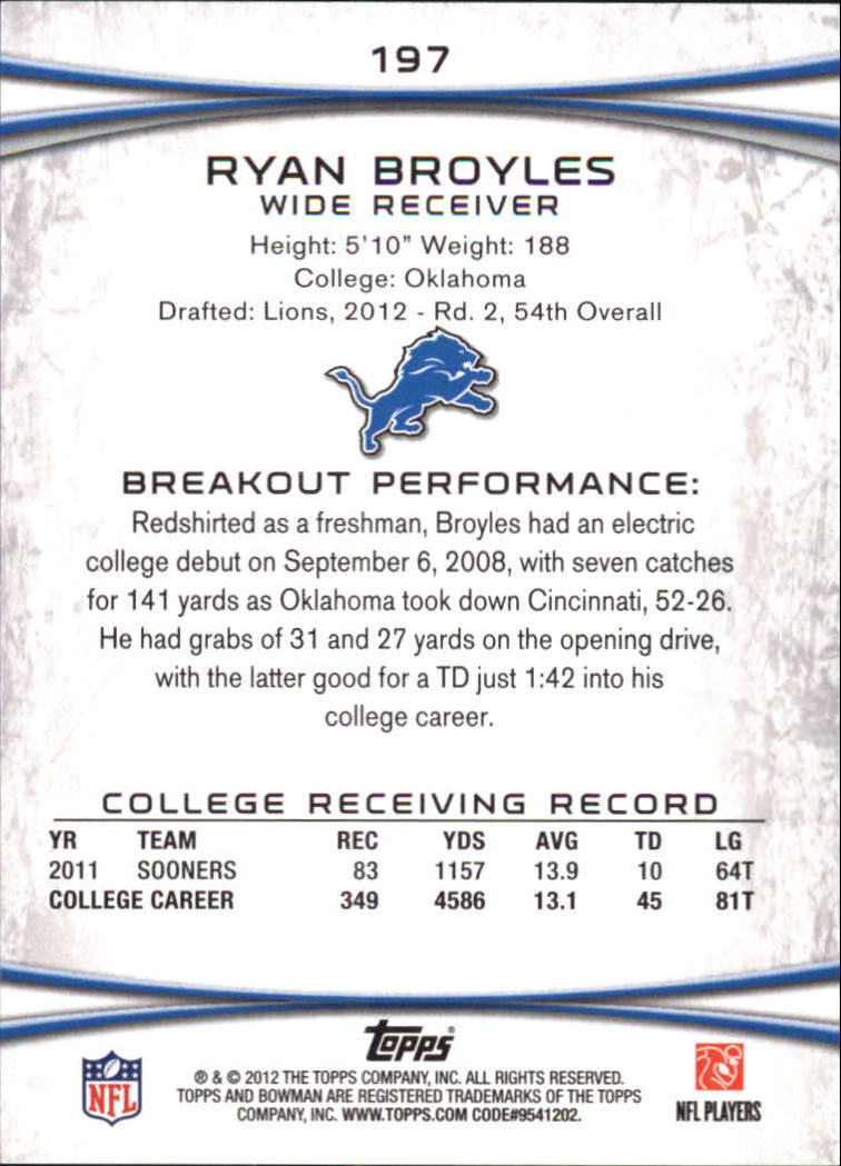 2012 Bowman Silver #197 Ryan Broyles back image