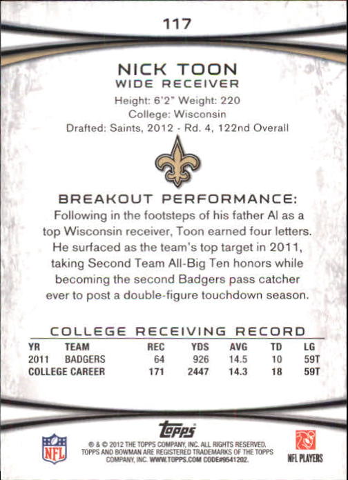 2012 Bowman Gold #117 Nick Toon back image