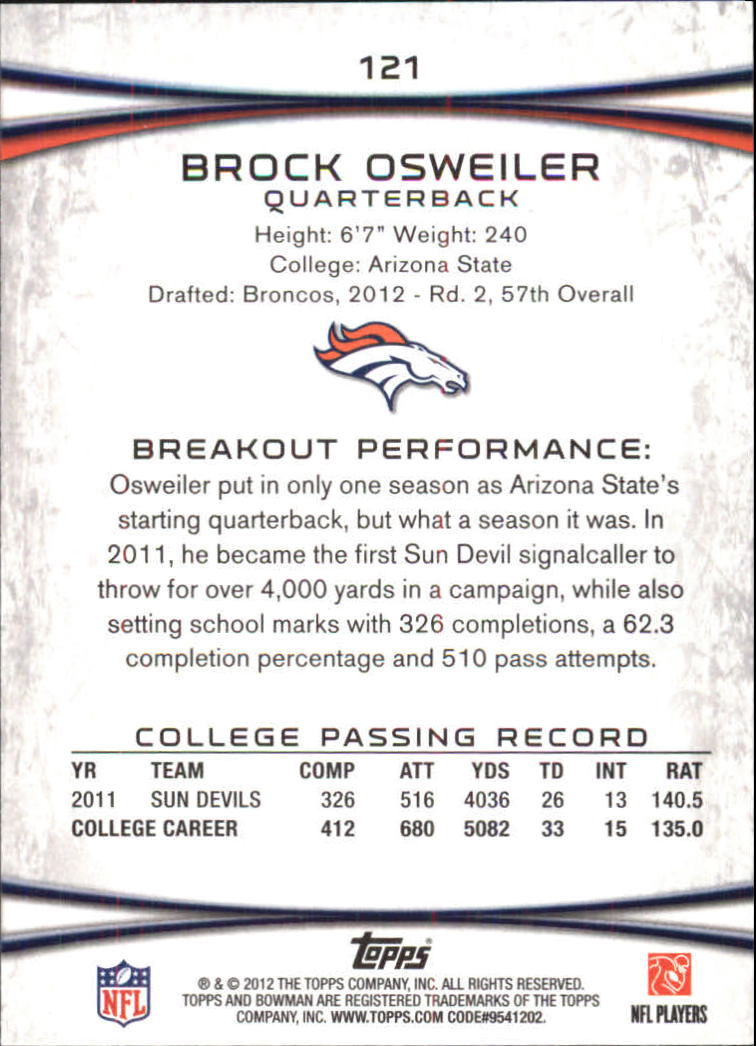 2012 Bowman Gold #121 Brock Osweiler back image