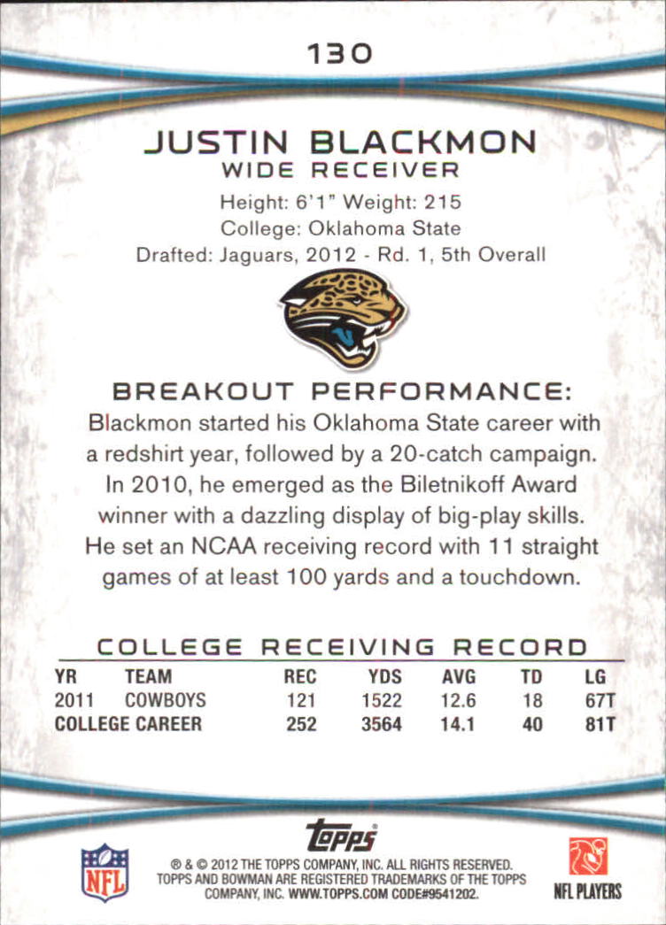 2012 Bowman Gold #130 Justin Blackmon back image
