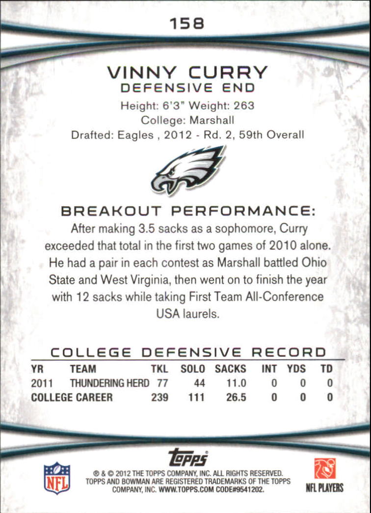 2012 Bowman Gold #158 Vinny Curry back image