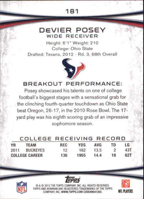 2012 Bowman Gold #181 DeVier Posey back image
