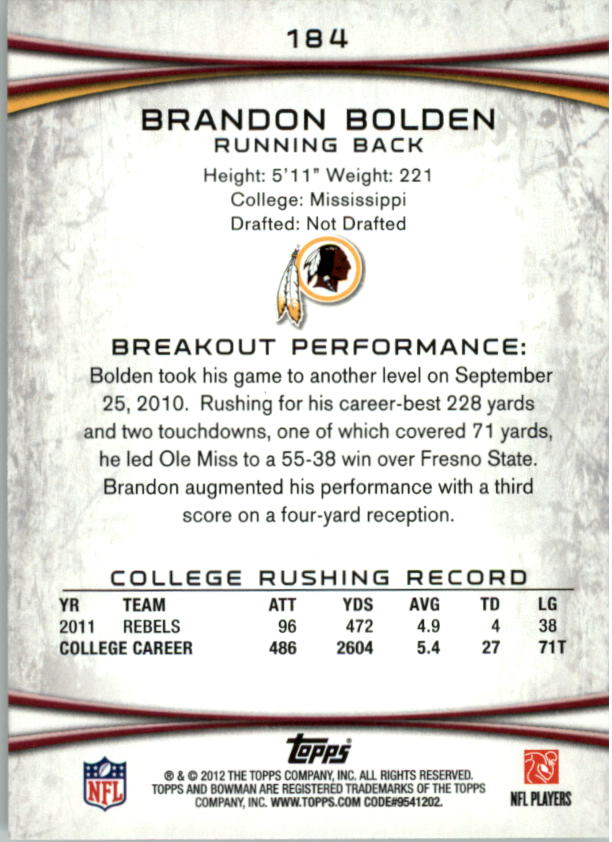 2012 Bowman Gold #184 Brandon Bolden back image