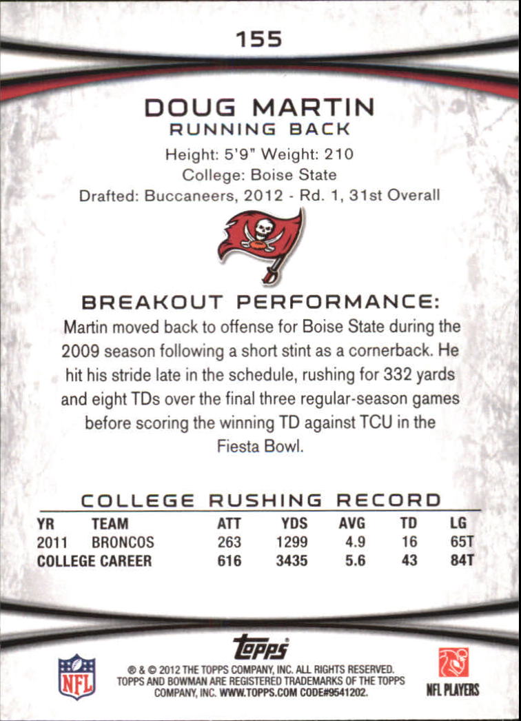 2012 Bowman Purple #155 Doug Martin back image