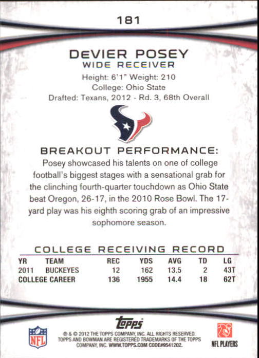 2012 Bowman Purple #181 DeVier Posey back image