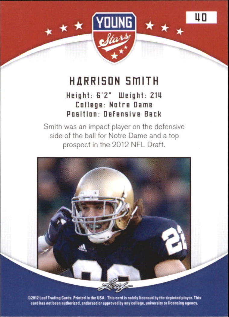 2012 Leaf Young Stars Draft #40 Harrison Smith back image