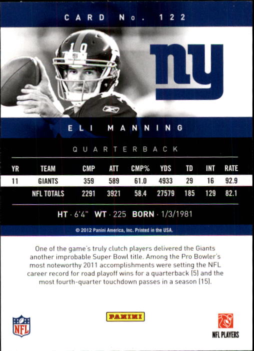 2012 Prestige #122 Eli Manning back image
