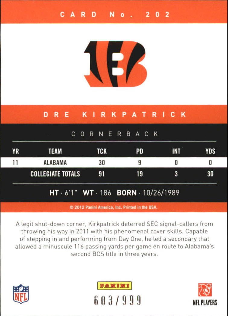 2012 Prestige #202A Dre Kirkpatrick RC back image