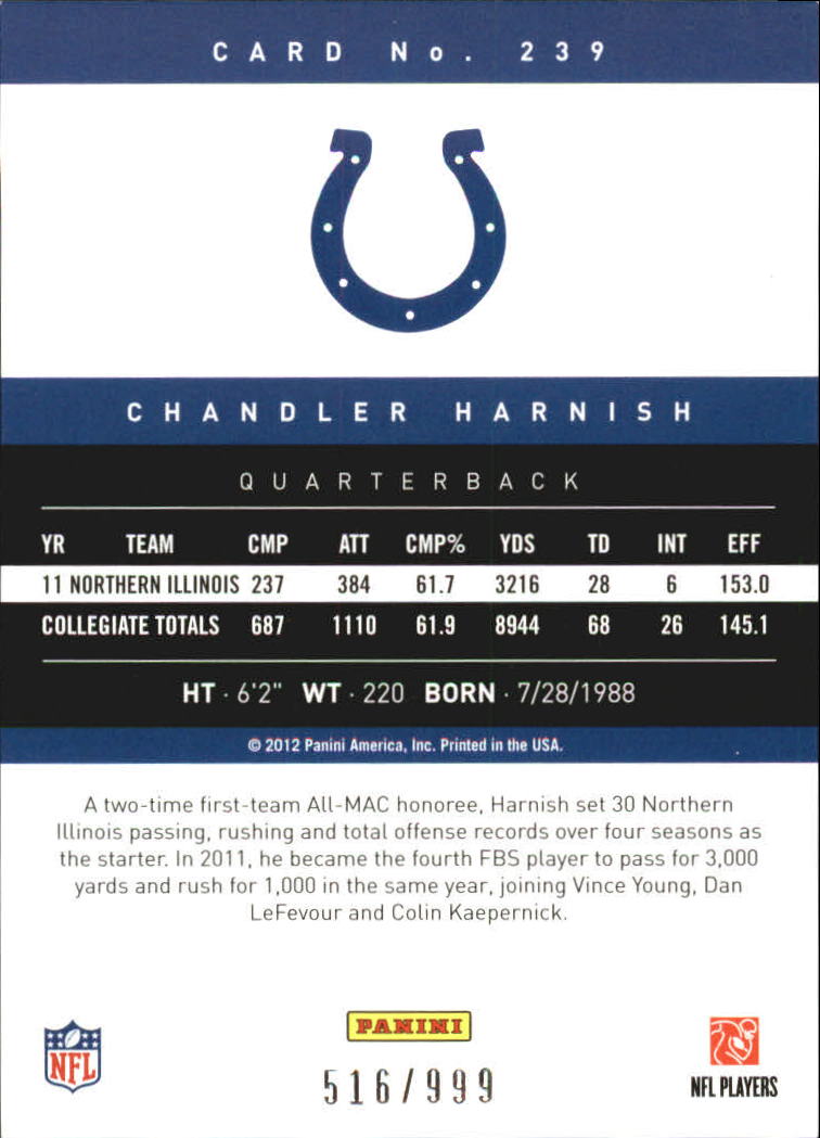 2012 Prestige #239 Chandler Harnish SP RC back image