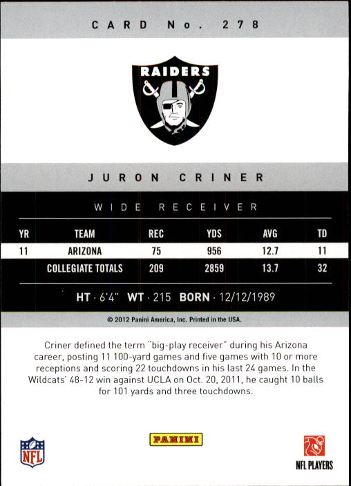 2012 Prestige #278 Juron Criner RC back image